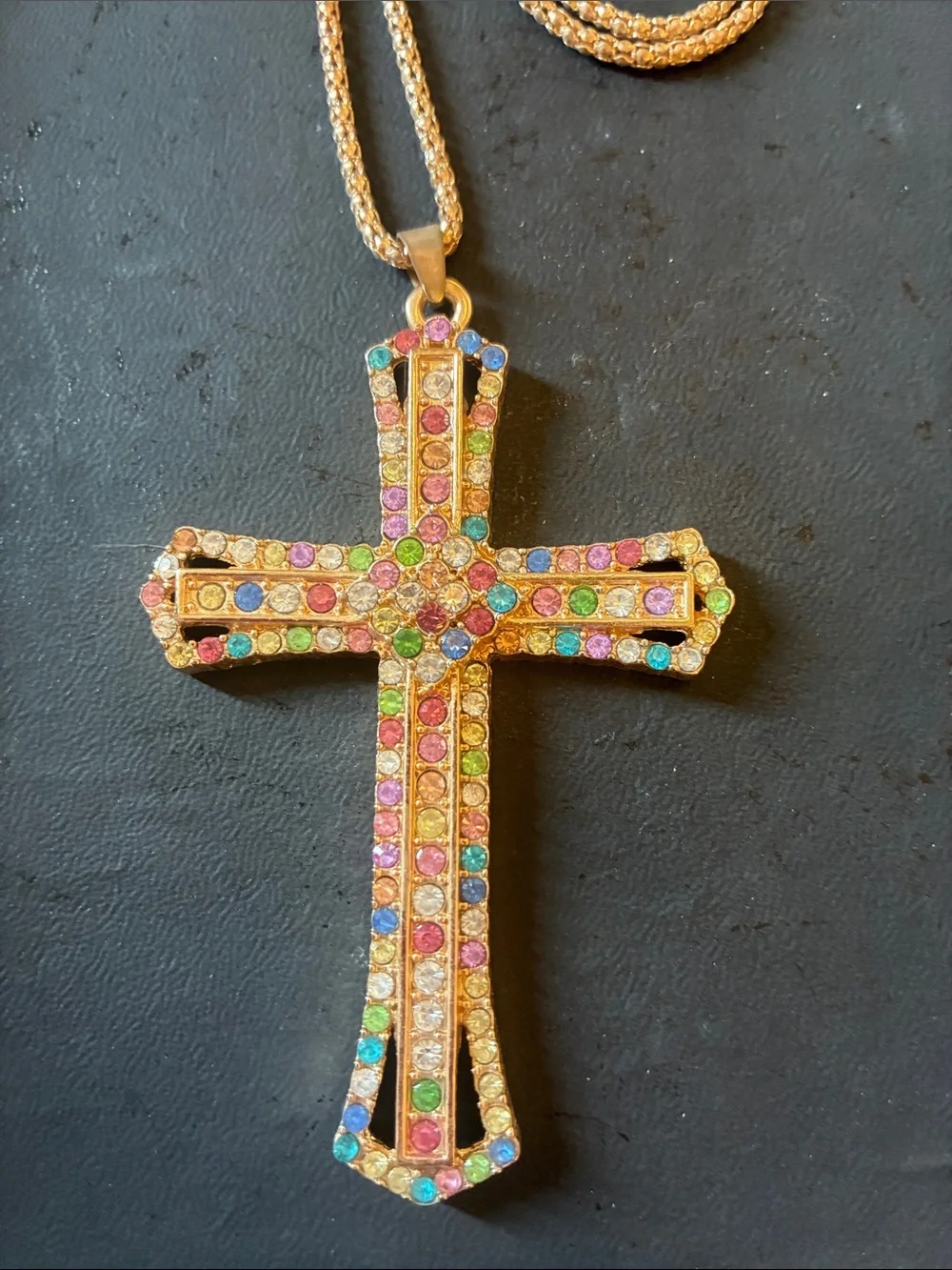 Gold Multicolor Crystal Cross Pendant Necklace - Women Jewelry